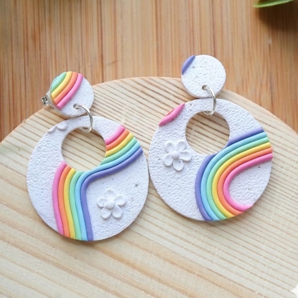 Textured White Circle Rainbow Swirl Dangles - Handmade Earrings - Floral Accents
